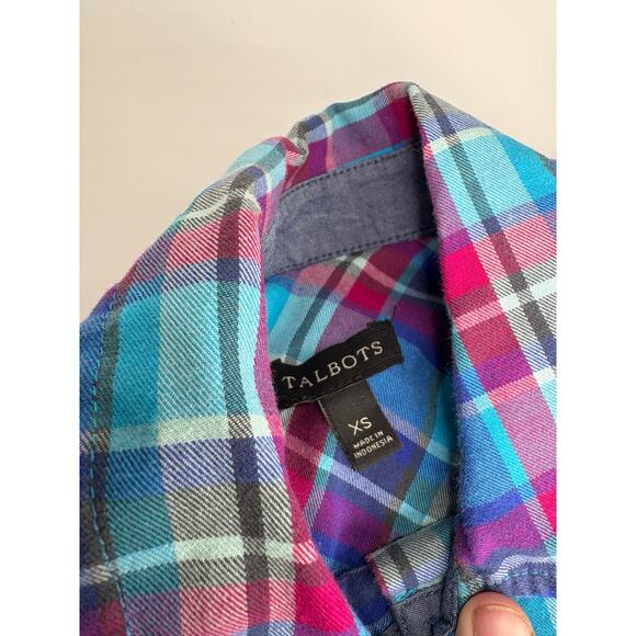 Talbots Womens Blue Plaid Button Up Top Size XS Farmhouse Fall - Picture 5 of 11